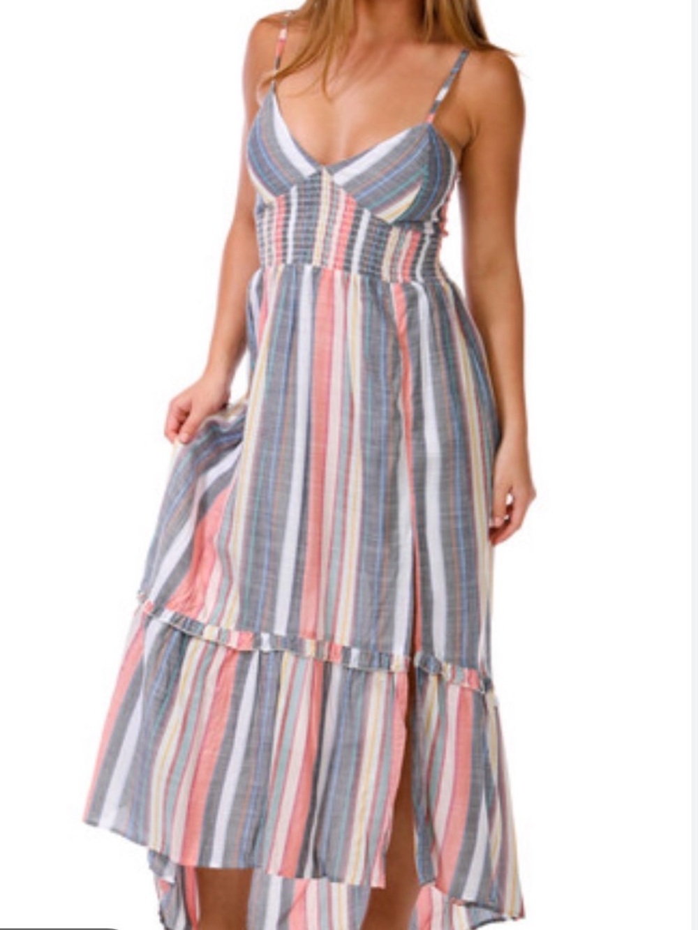Angie Striped Smocked Maxi Dress, multicolored, bohemian, relaxed style, size L
